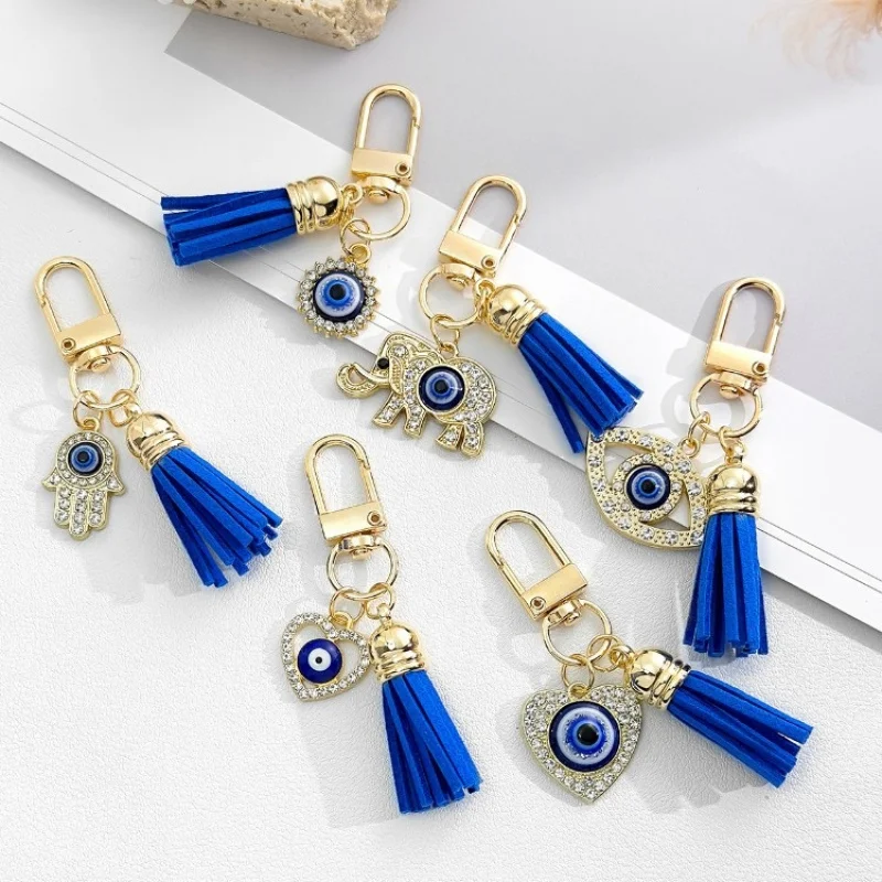 Cross-border best-selling evil eye keychain Blue tassel hanging ornament Alloy diamond pendant Bag Accessories