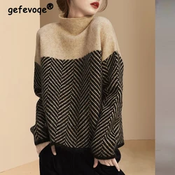 Vintage Striped Patchwork Turtleneck Thicken Warm Soft Knitted Sweater Women Autumn Winter Casual Loose Long Sleeve Pullover Top