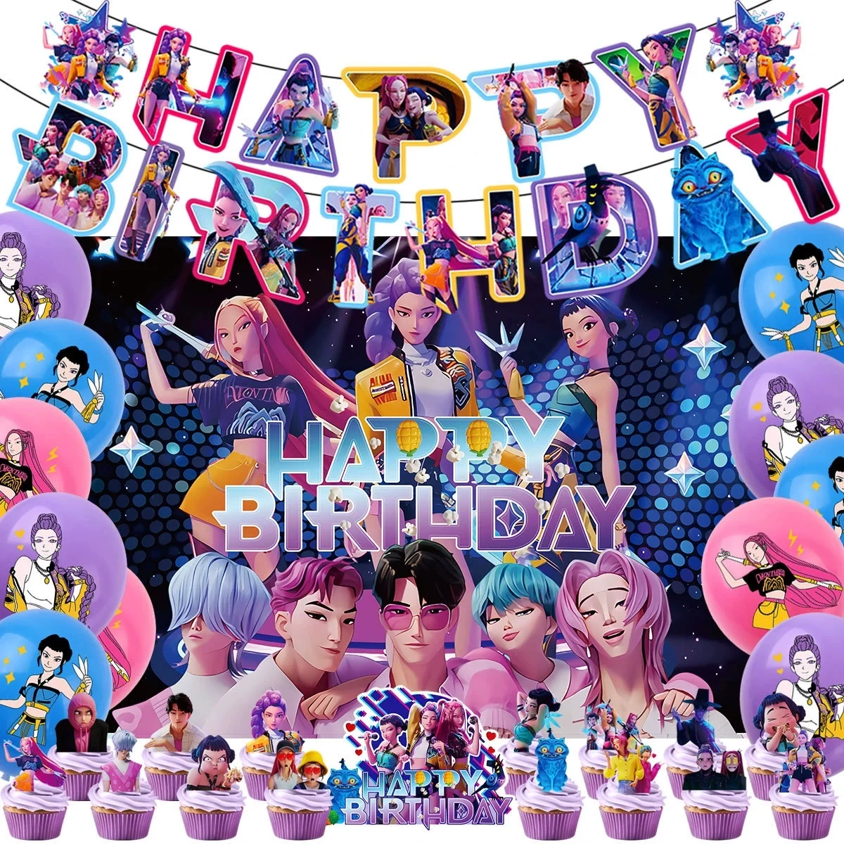 KPop شيطان الصيادين حفلة عيد ميلاد موضوع راية بالون لطيف رومي ميرا زوي بالونات عيد ميلاد كعكة توبر خلفية ديكو حفلة