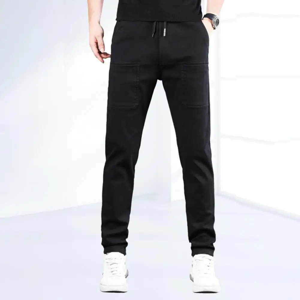 Soft Fiber Fabric Pants Men's Patchwork Pocket Drawstring Pants Stylish Wide Leg Trousers for Outdoor Work Travel Men