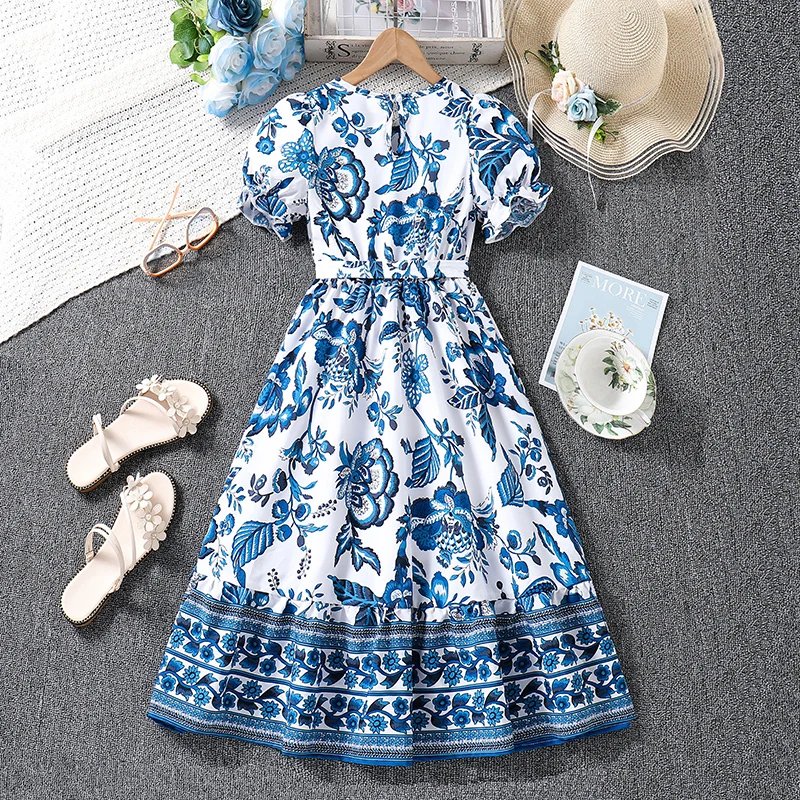 Kids For Girls Blue Flower Long Dress And Detachable Belt Elegant Style Stylish Summer Vacation Daily Children Clothes