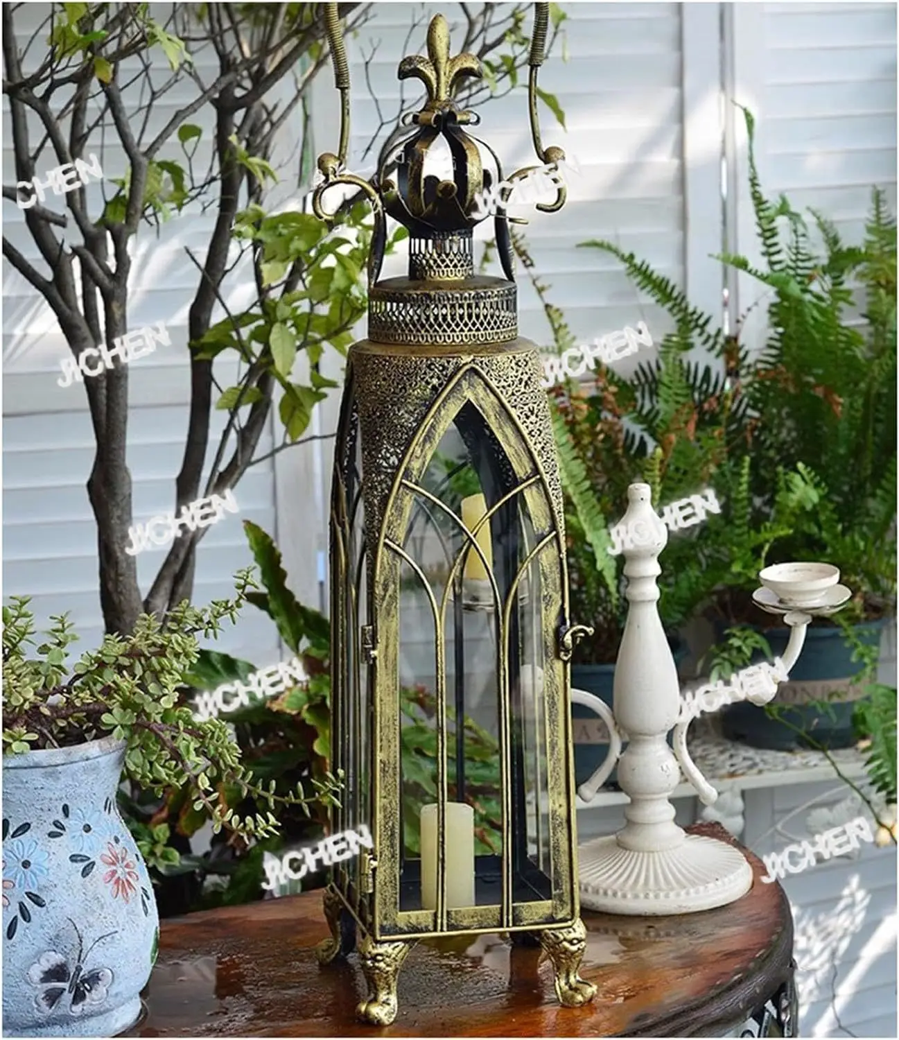 

ZQ антикварный марокканский декоративный металлический ураган фонарь деревенский подсвечник латунь железо и стекло