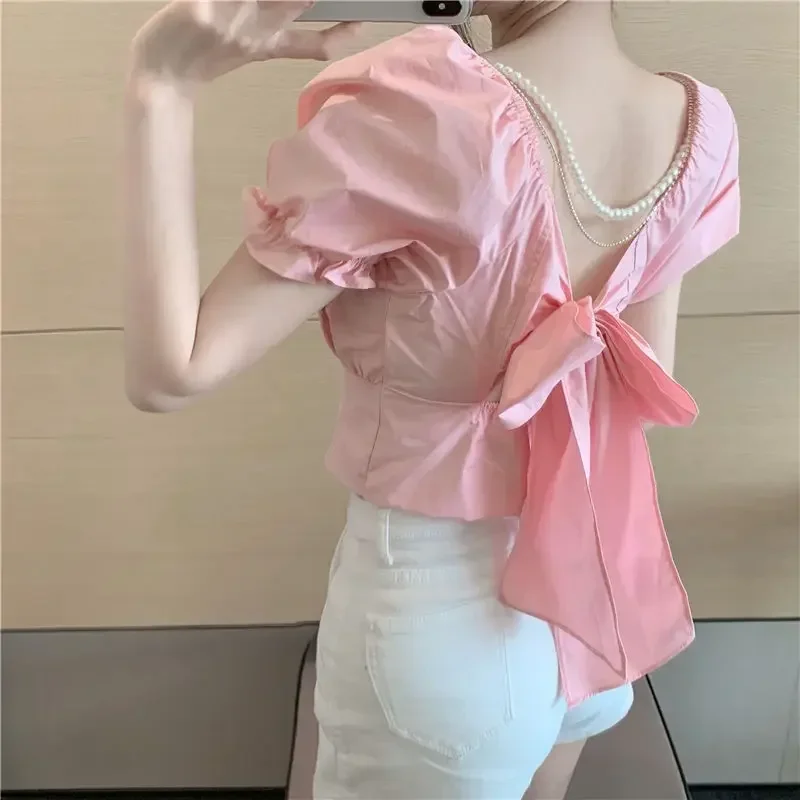 2025 Fashion New Pearl Chain Shirt Women Summer French Bow Backless White Blouse Sweet Puff Sleeve Crop Top Female