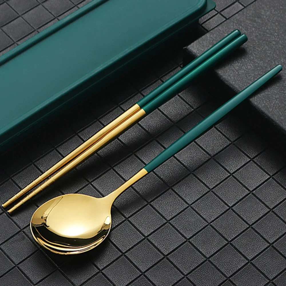 4Pcs Gold Portable Tableware Cutlery Set With Box Spoon Fork Chopsticks Set Stainless Steel Lunch Dinnerware Kitchen Accessories