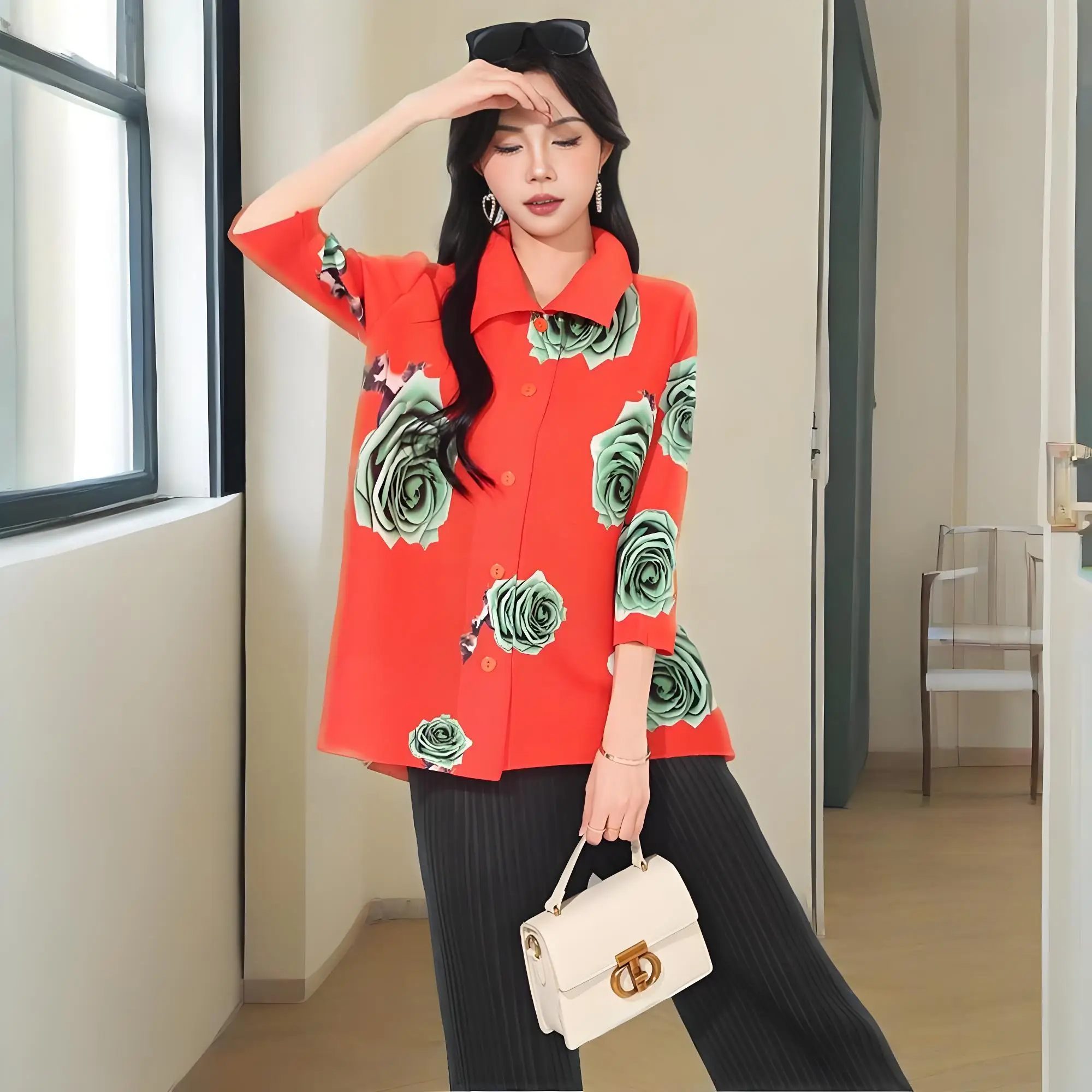 

Miyake Spring and Autumn New Top Seven-quarter Sleeve Design Sense Niche Shirt Lapel Loose and Thin Printed Pleated Cardigan