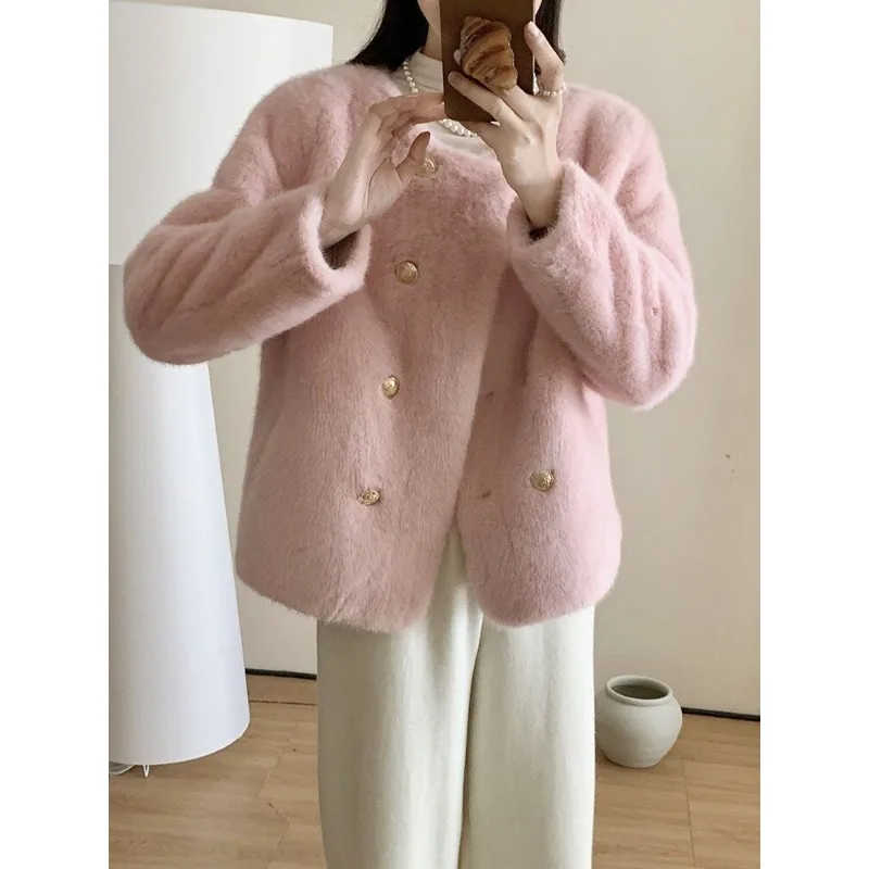 Women Anti-season Round Neck Small Fragrant Wind  Mink Plush Coat  Short Simple Fashion Thickened Faux Fur Coat Young Models