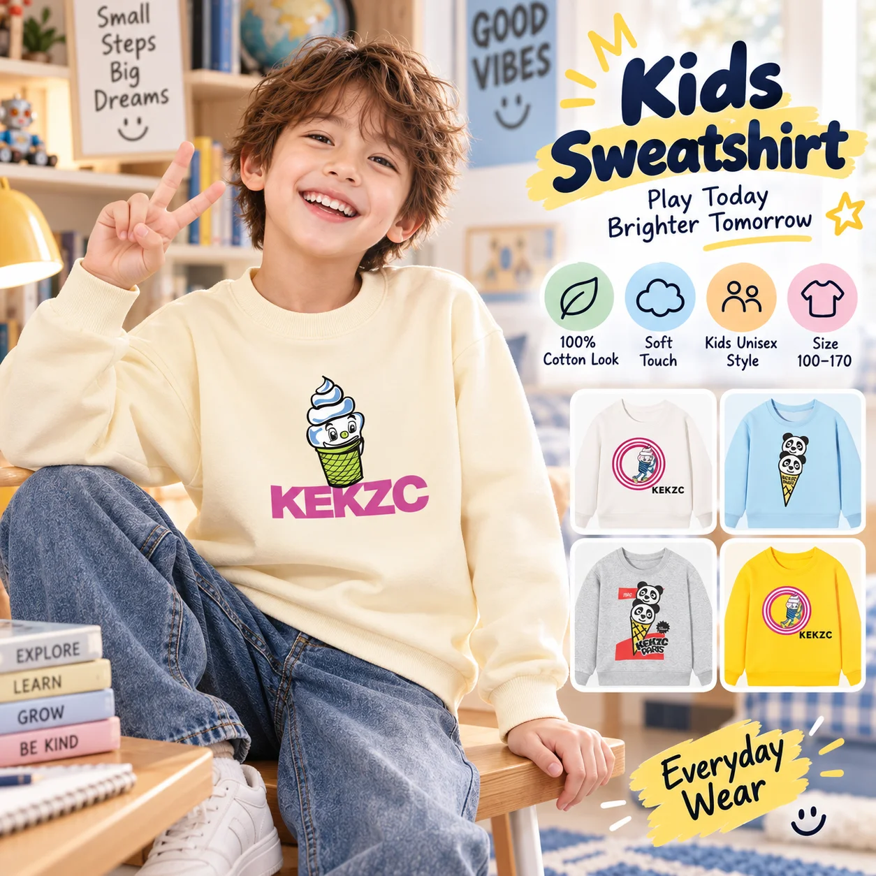 fashion Fun prints Boys winter clothing Panda Ice Cream Long sleeves Kids pullover warm baby girls fall clothes child sweatshirt
