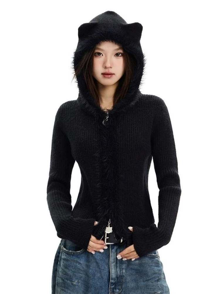 เสื้อคลุมคาร์ดิแกนมีฮู้ดทรงสลิมฟิตสไตล์วินเทจกรันจ์ ปี 2025 แต่งขนเฟอร์เทียมแบบต่อผ้า สไตล์ Y2K สำหรับฤดูใบไม้ร่วง มีซิป ​ เสื้อสเวตเตอร์ฮาราจูกุ