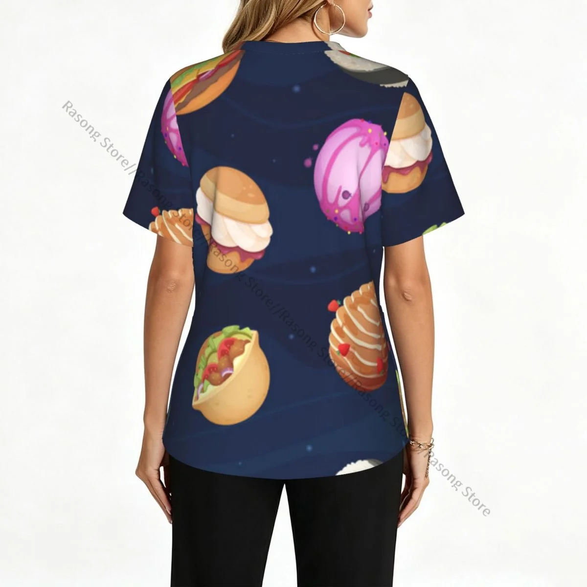 Women's Medical Scrub Top V Neck Short Sleeve Sweets Fast Food Burger Pizza Sushi Stretch Nursing Uniform for Hospital Clinic