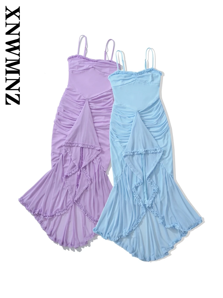 

XNWMNZ 2025 Summer Lady Fashion V-Collar Top Midi Skirt Hipster Woman Solid Color Dresses Ruffles Regular Fit zipper Slip dress