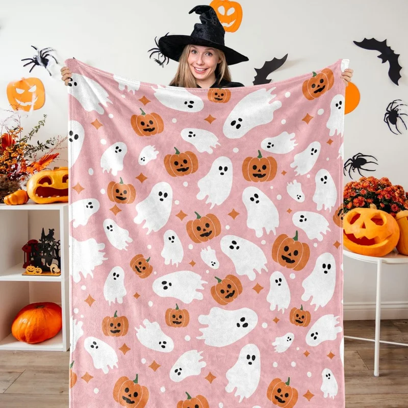 

Halloween Fuzzy Flannel Blanket Ghost Pumpkin Throw Blanket Pink Soft Blanket for Farmhouse Home Chair Sofa Couch Bed