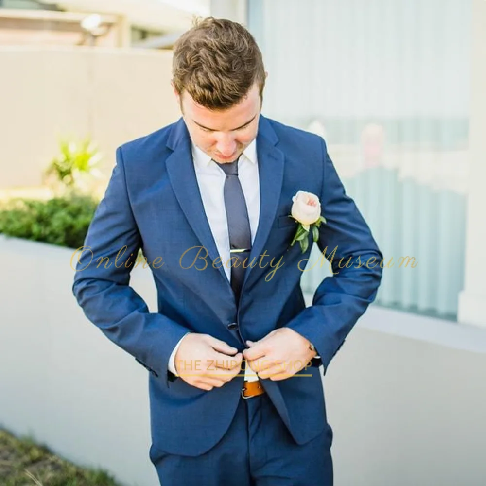 

Mens 2 Piece Suit Solid Blue Single-breasted Notch Lapel One-Button Blazer and Pants Wedding Prom Summer Beach Easter Tuxedo