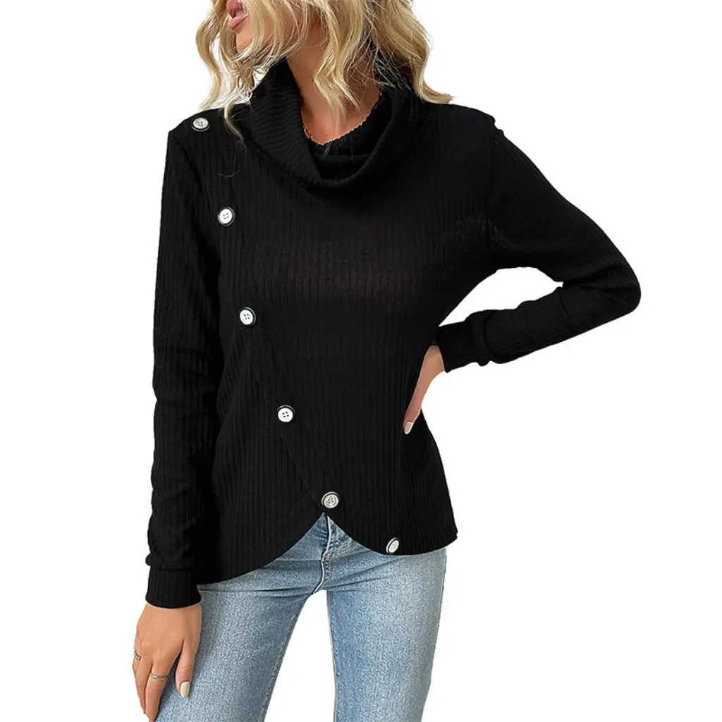 

New European And American Style Button Top Long-Sleeved Asymmetrical Pile Collar Knitwear Women's Fashion Outerwear