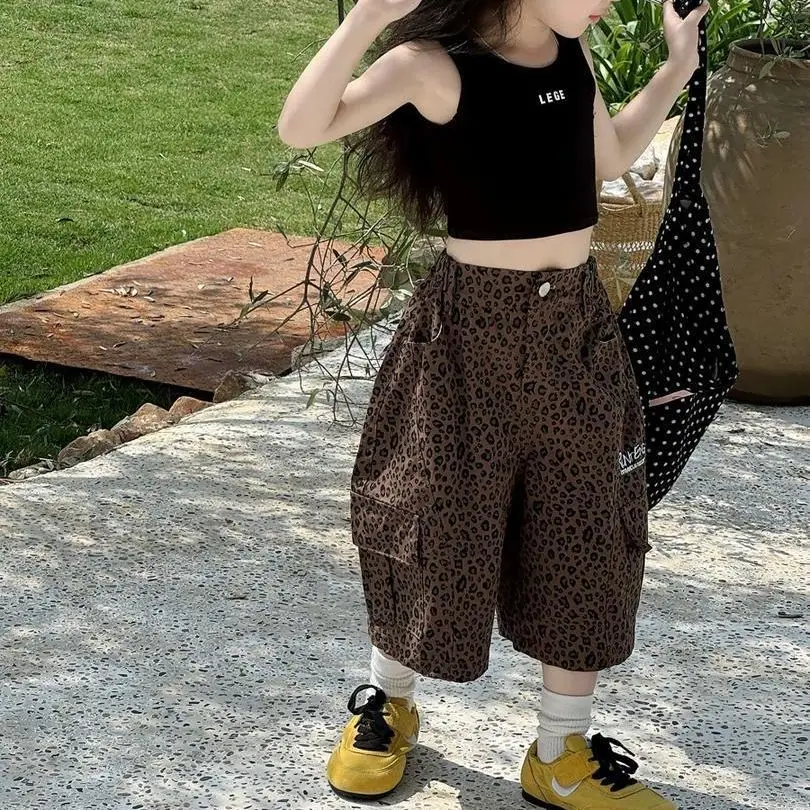 2026 Girls Pants Children Clothing Summer High-end Vest New American Retro Trend Leopard Print Wide Leg Pants