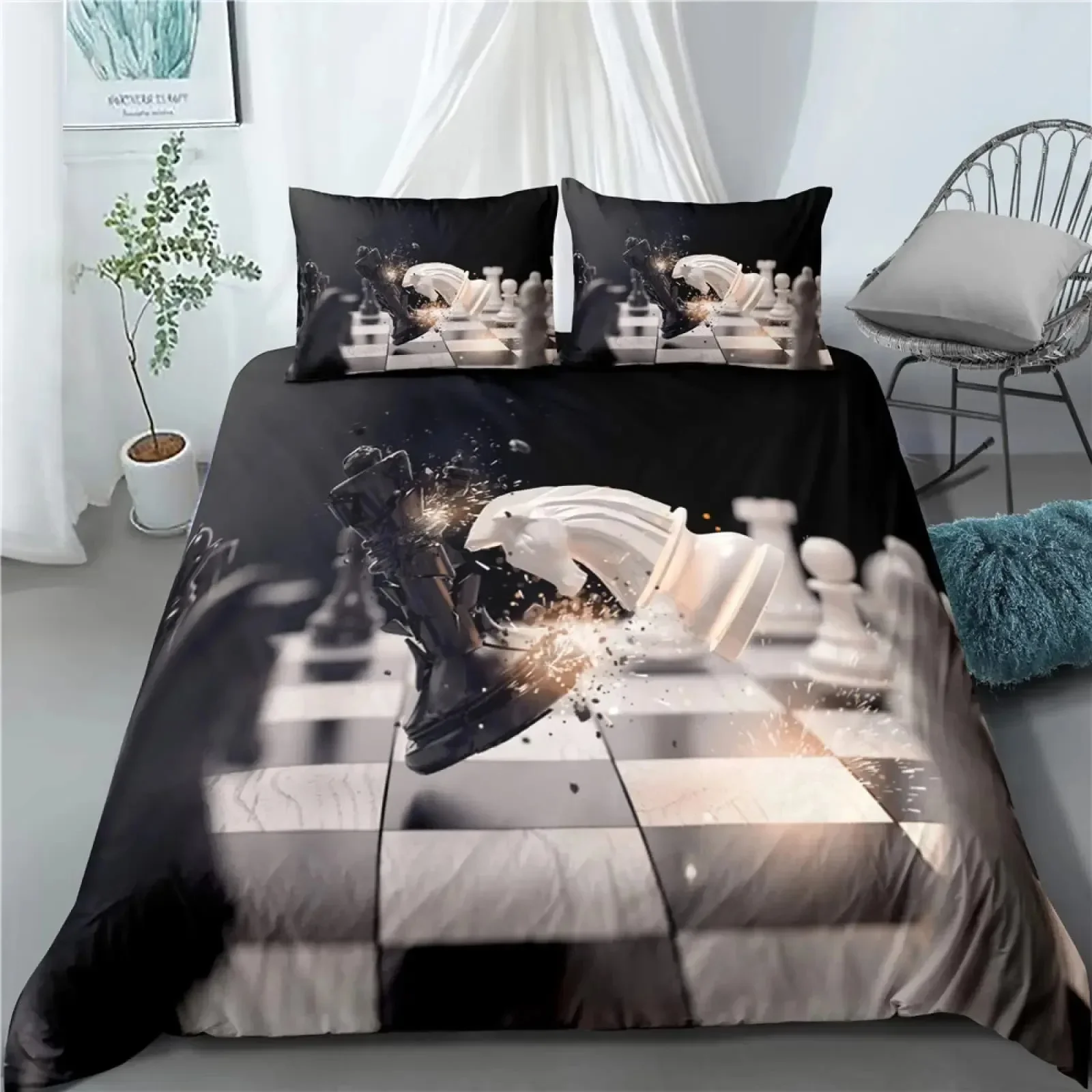 

International Chess Duvet Cover Set Black White Lattice Checkerboard Comforter Cover Competition Game for Kids Teens Bedding Set
