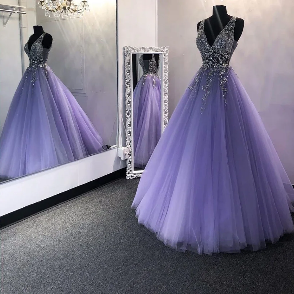 Real Image Quinceanera Gown A Line V Neck Sequins Purple Tulle Lilac Beaded Long Formal Evening Praty Dresses Long Prom Dresses