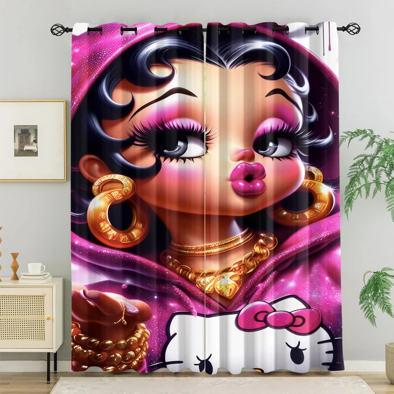 

Betty Boop x Sanrio Hello Kitty x Glitter Pink Printed Window Curtains Y2K Cute Cartoon Drapes for Girls Bedroom 2 Panels Set