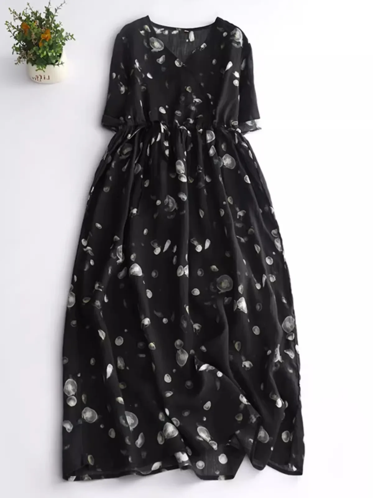 New Summer Sundress V-Neck Short Sleeve Drawstring Women Floral Midi Dresses A-Line Vintage Beach Party Dress Vestidos CY381