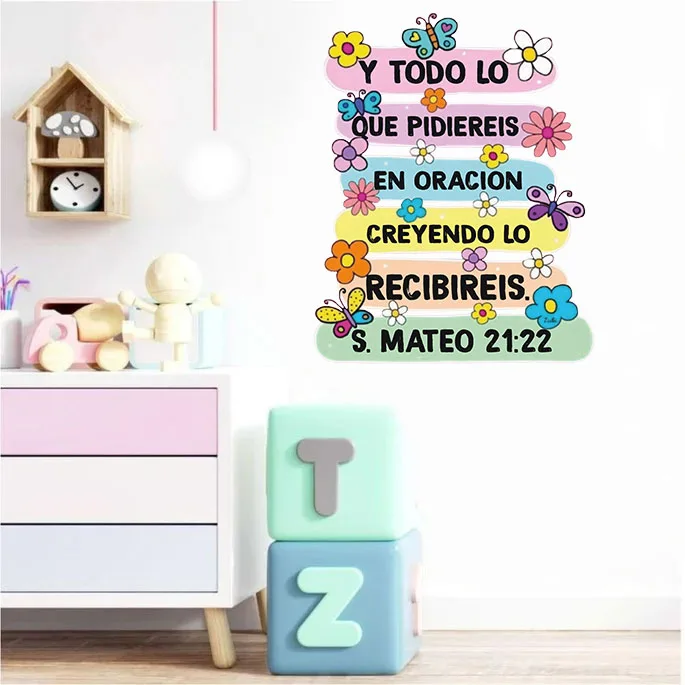 Spanish Christian Bible Verse Butterfly Wall Stickers Christ Inspiral Quote Mateo 21:22 Wall Decals for Bedroom Home Decor