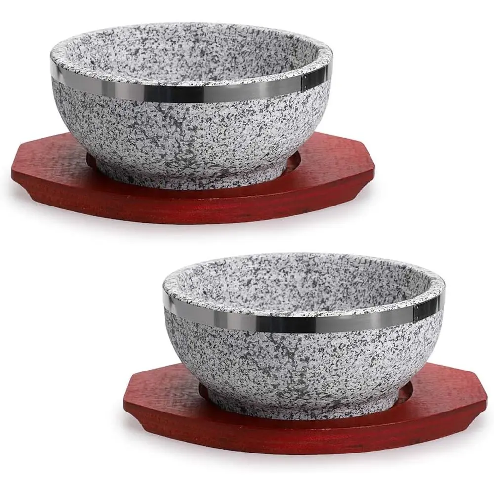 

2 Pcs Dolsot Bibimbap Bowl 32 Oz, Bowl with Wood Base, Dolsot Pot or Korean Soup, Rice and Stew