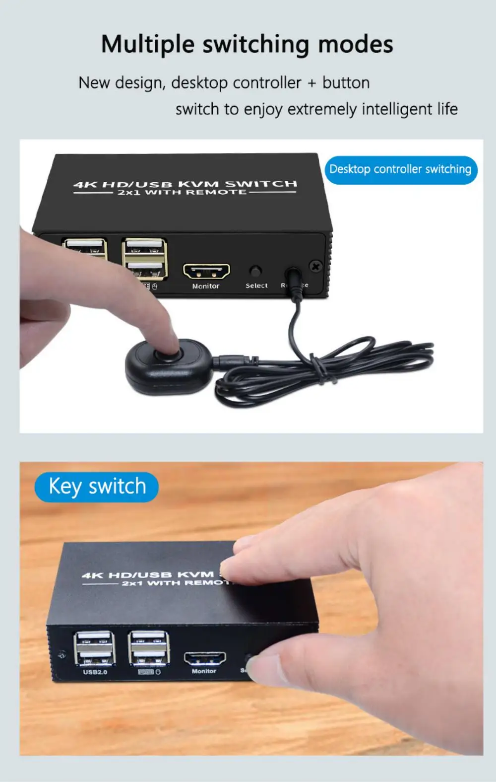 HDMI-compatible KVM Switch 2x1 4K HDMI-compatible USB Switch Selector 2 in 1 out with 4 Port USB Hub Desktop Controller Sharing