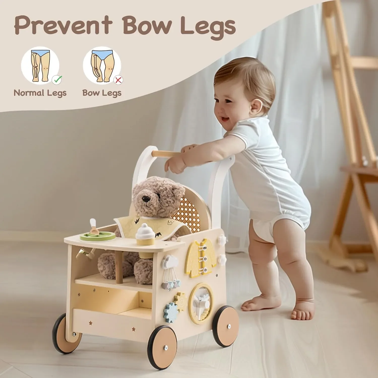 Robud Wooden Baby Push Walker Baby Activity Center Toys Walking Activity Center Push Toys with Safety Brake Baby Doll Walker