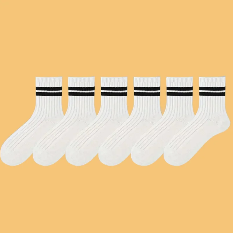 Chaussettes mi-tube respirantes pour hommes, chaussettes décontractées simples, chaussettes noires et blanches, chaussettes à col rond, haute qualité, printemps, automne, 6 paires