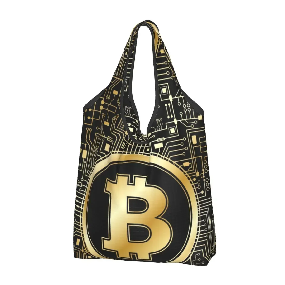 Fashion Golden Bitcoin Majestic Motherboard Shopping Tote Bag Portable Crypto Hack BTC Special Grocery Shopper Shoulder Bag