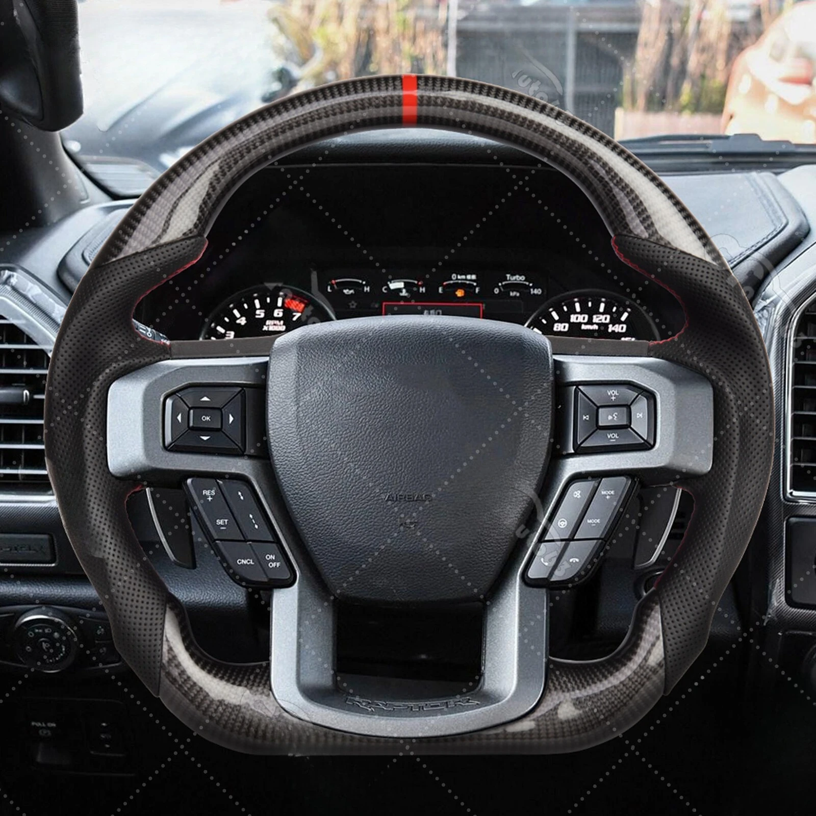 Real Carbon Fiber Heated Steering Wheel with Carbon Fiber Trim Fit for Ford F150 Raptor 2015-2020 Flat Bottom Red Stitching