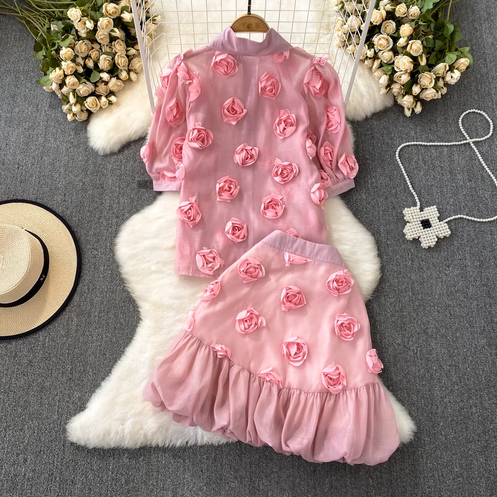 Summer Runway 2 Pieces Suit Women's Lapel Puff Sleeve 3D Applique Flower Pink Blouses and Mini Ruffles Skirt Set Clothing N8698