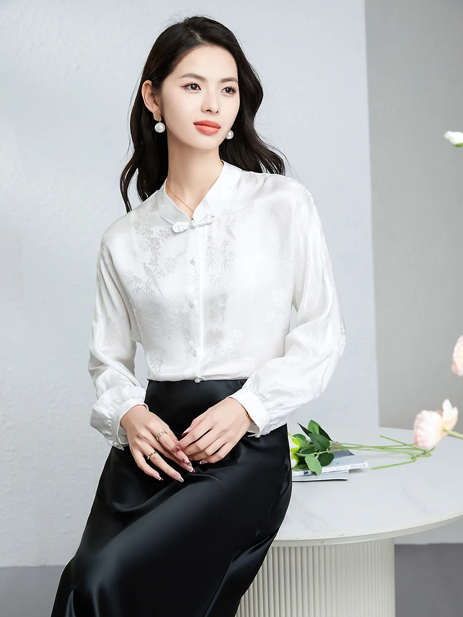 Winsleter-24,4% zijde 75,6% viscose elegant shirt, standaard jacquard, dames retro temperament pendelblouse, herfstnieuw 2025, T59433CC