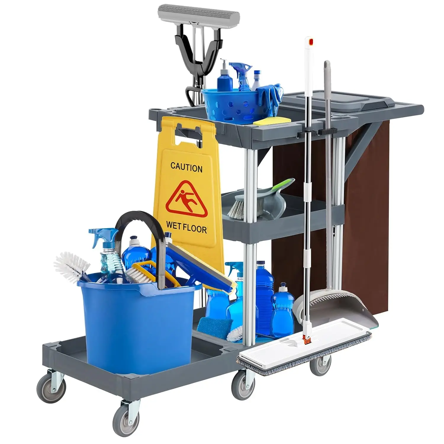Commercial Rolling Housekeeping Cart with Wheels 3-Tier Janitor Cart Includes Vinyl Bag and Cover 300 Lb Load, Customized
