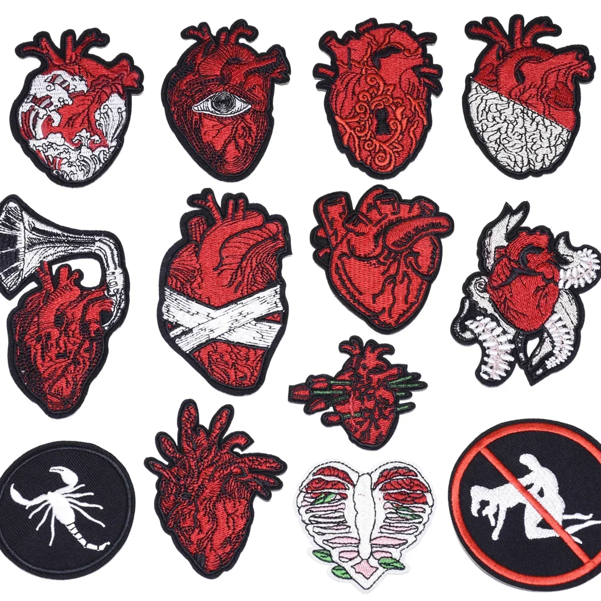 Red Heart Punk Skull Embroidered Patches For Clothing Thermoadhesive Patches Hippie Rock Iron On Patches On Clothes Skeleton DIY