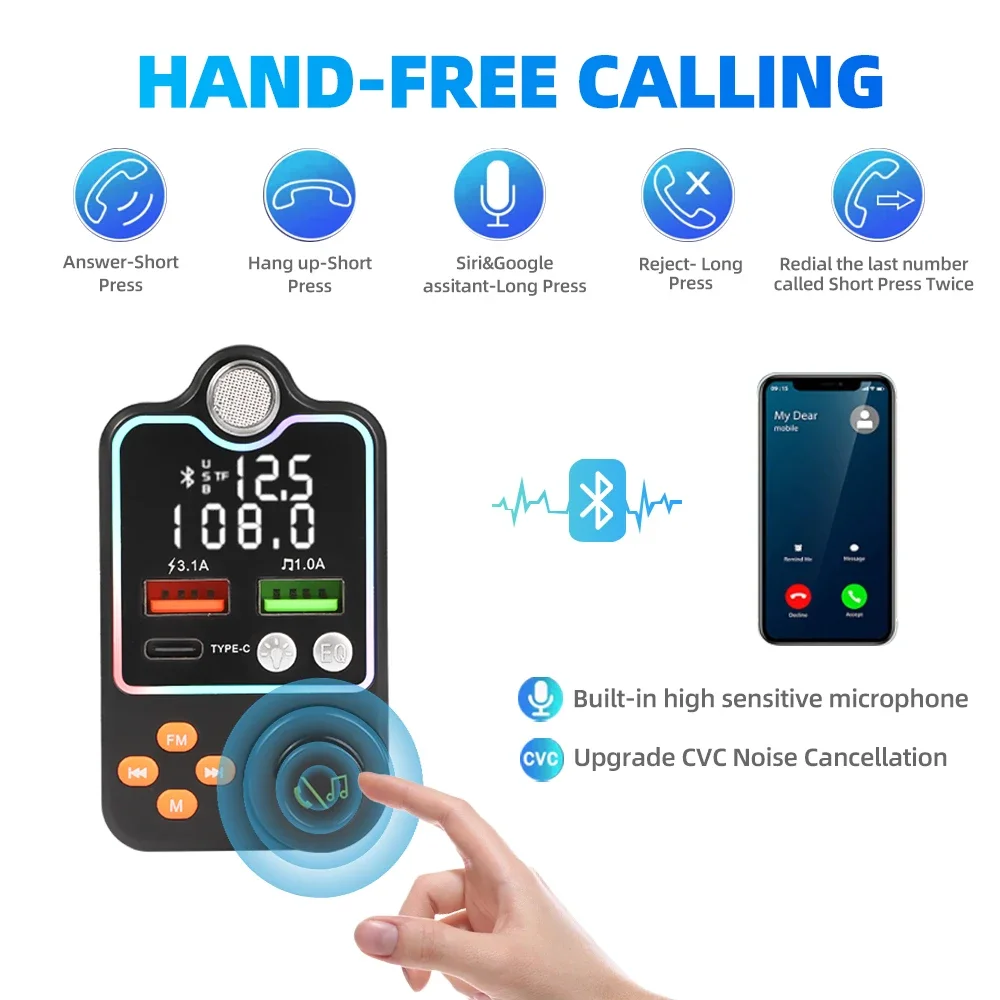 Bluetooth 5.0 Car Charger Dual USB Type C Quick Charge Hands-free Call Kit FM Transmitter MP3 Player Car Cigarette Lighter image 6