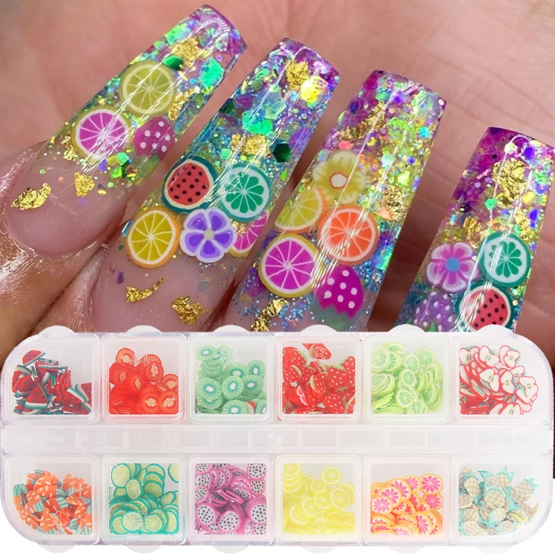 1Pcs ผสม3D เล็บผลไม้เล็กๆ Polymer Clay DIY Designs ผลไม้ดอกไม้สติกเกอร์เล็บอะคริลิคเล็บเคล็ดลับตกแต่ง