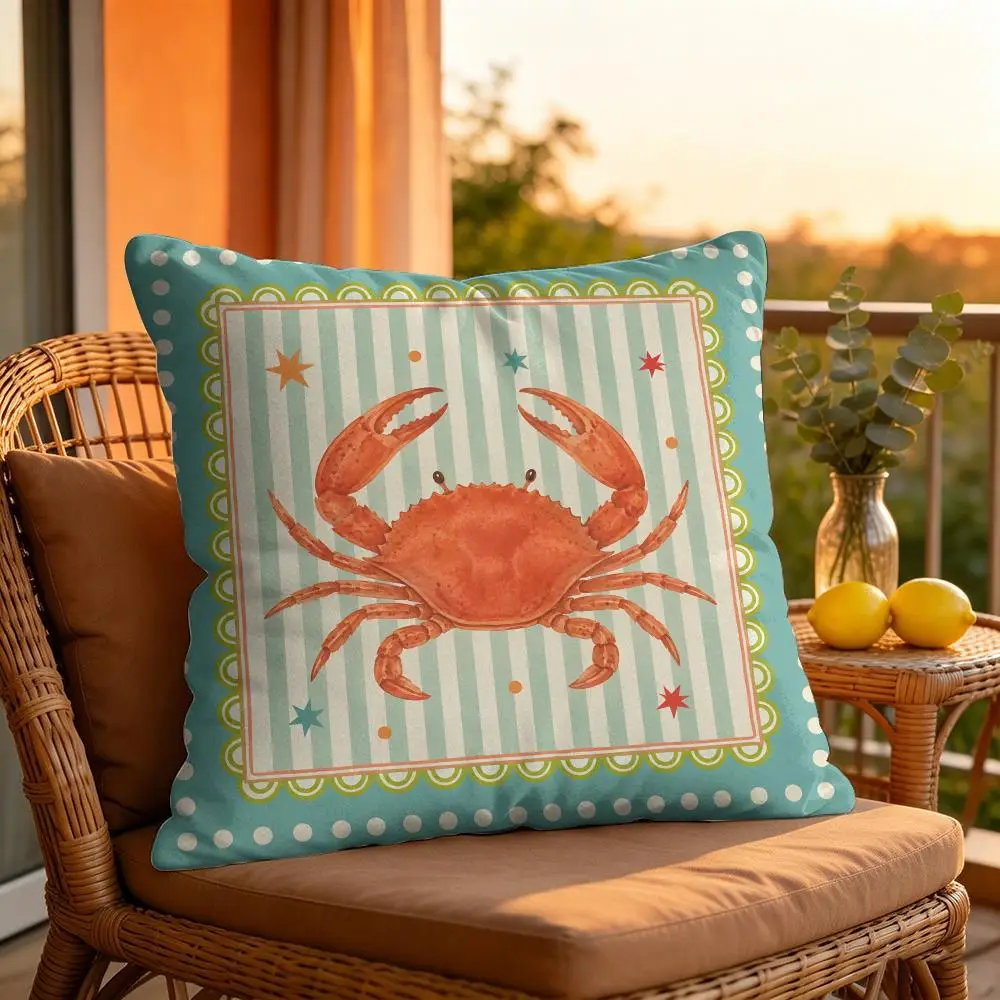 Watercolor Marine Life Peach Skin Throw Pillow Covers, Pastel Striped Polka Dot Frame Square Cushion Cases, Shrimp Jellyfish Oct