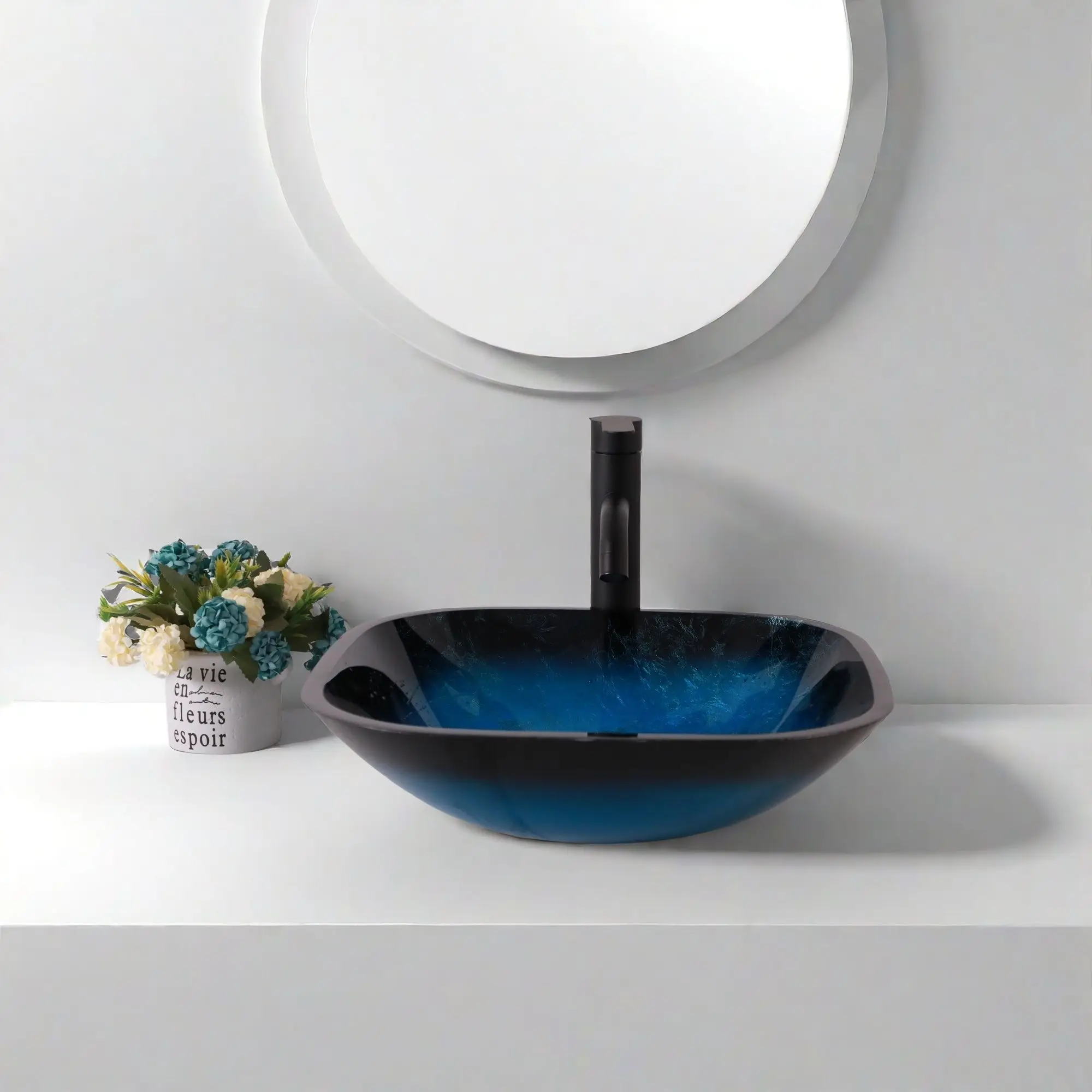 Blue Artistic Tempered Glass Vessel Sink With Faucet And Pop Up Drain For Bathroom
