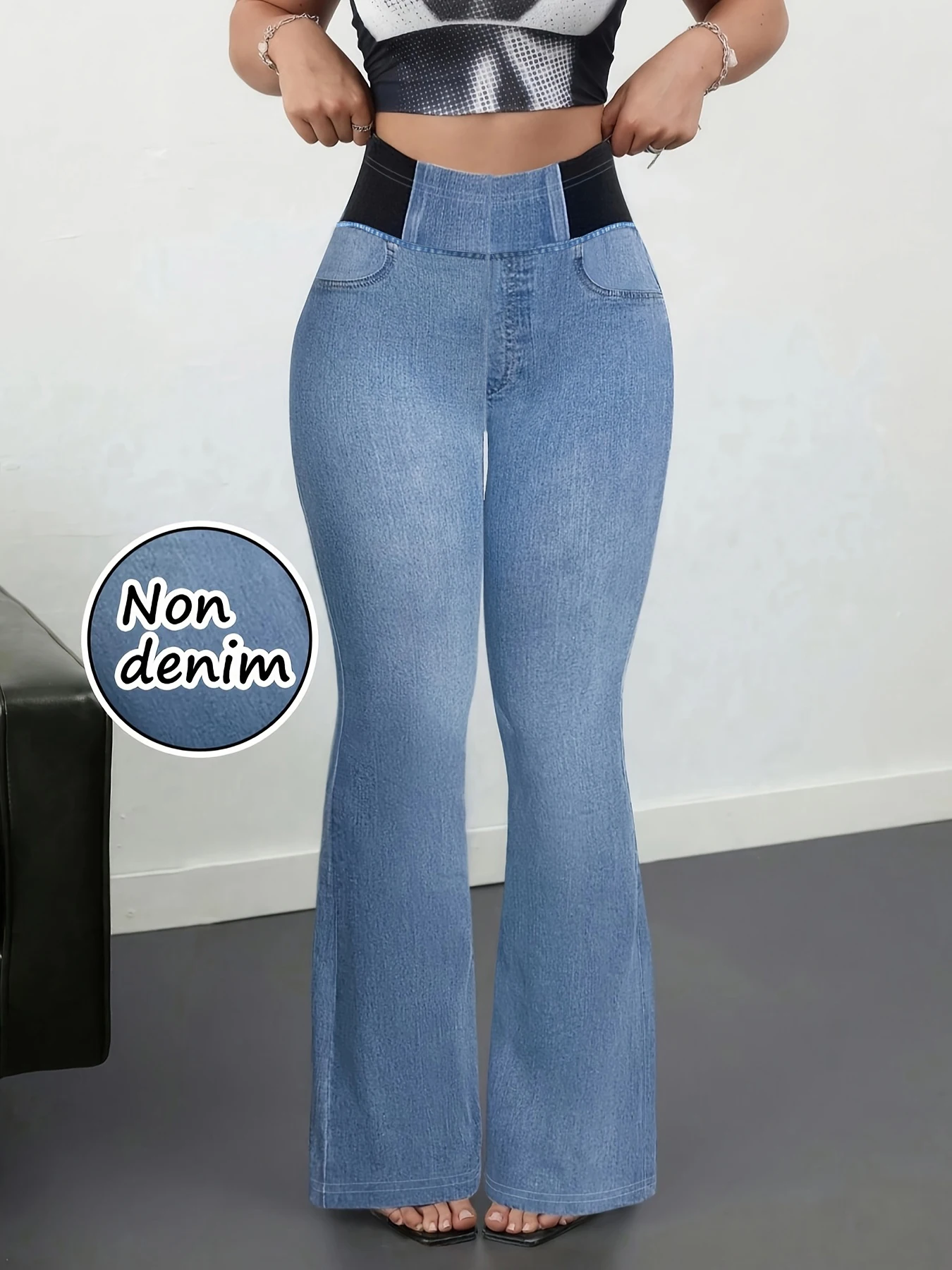 Summer Leggings Denim Print Flared Pants Yoga Long Pants Moisture-wicking Soft Breathable Fashion Streetwear