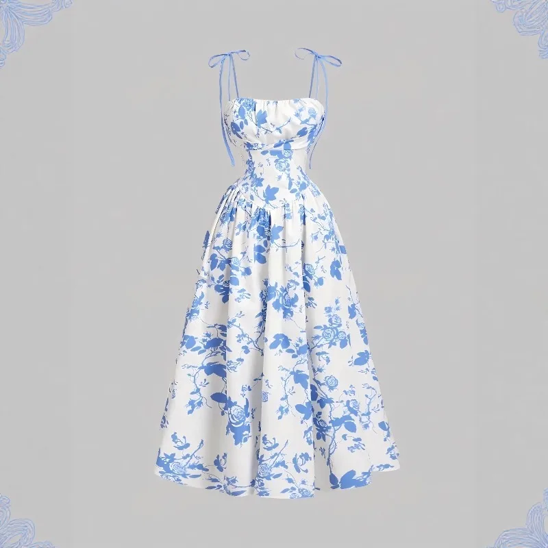 

Sexy Women Tie Strap Floral Print Maxi Dress New Summer Spaghetti Strap Vacation Beach Vestidos Y2k French A Line Ropa Mujer