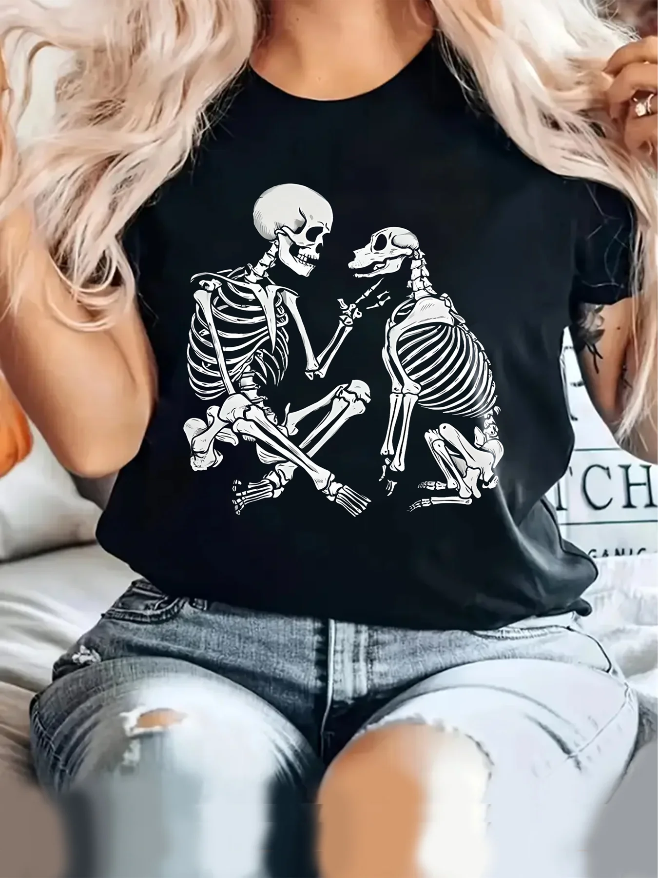 Human and Dog Skull Head T-Shirt Summer Women Tracksuit Crew Neck Tops Casual Breathable Sportswear Harajuku Fashion Streetwear