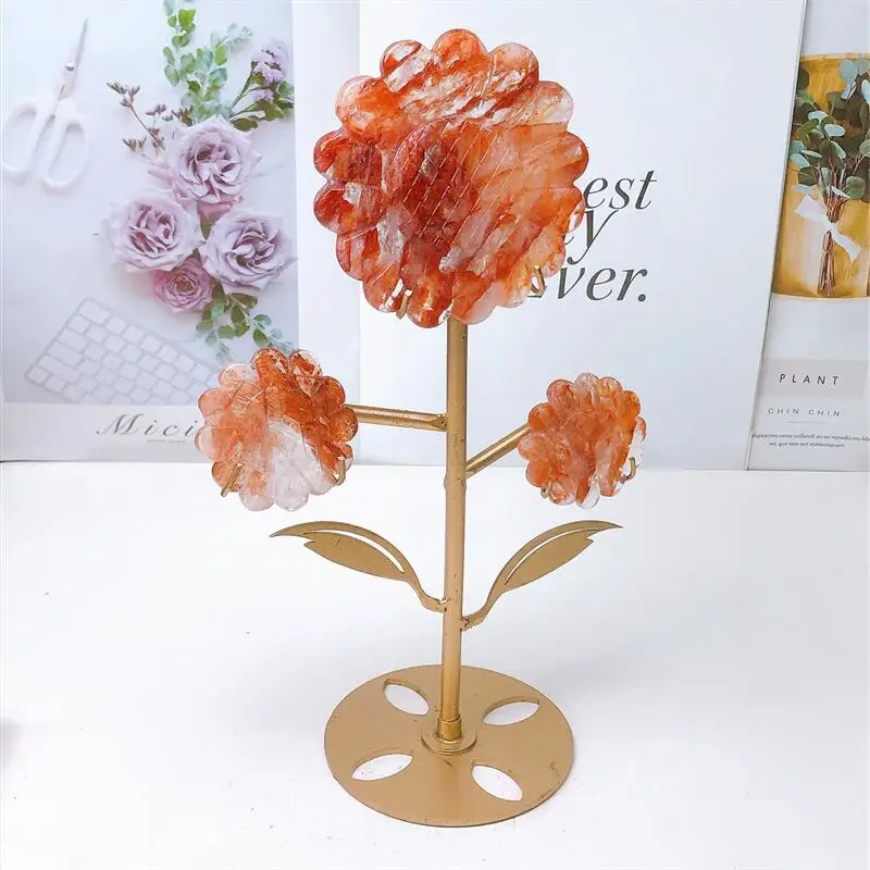 

Natural Red Fire Quartz Hematoid Sunflower Carving Quartz Healing Crystal Stone Cute Birthday Present Home Decoration 1set