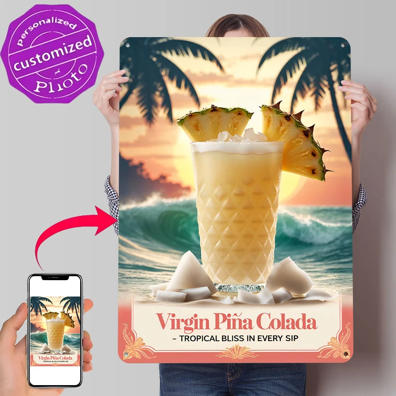 Vintage Virgin Pi? Letrero Metálico Personalizado con Diseño de Coctel Piña Colada, Arte de Pared Retro Vintage para Habitación de Fans, Accesorios de Bar, Hogar