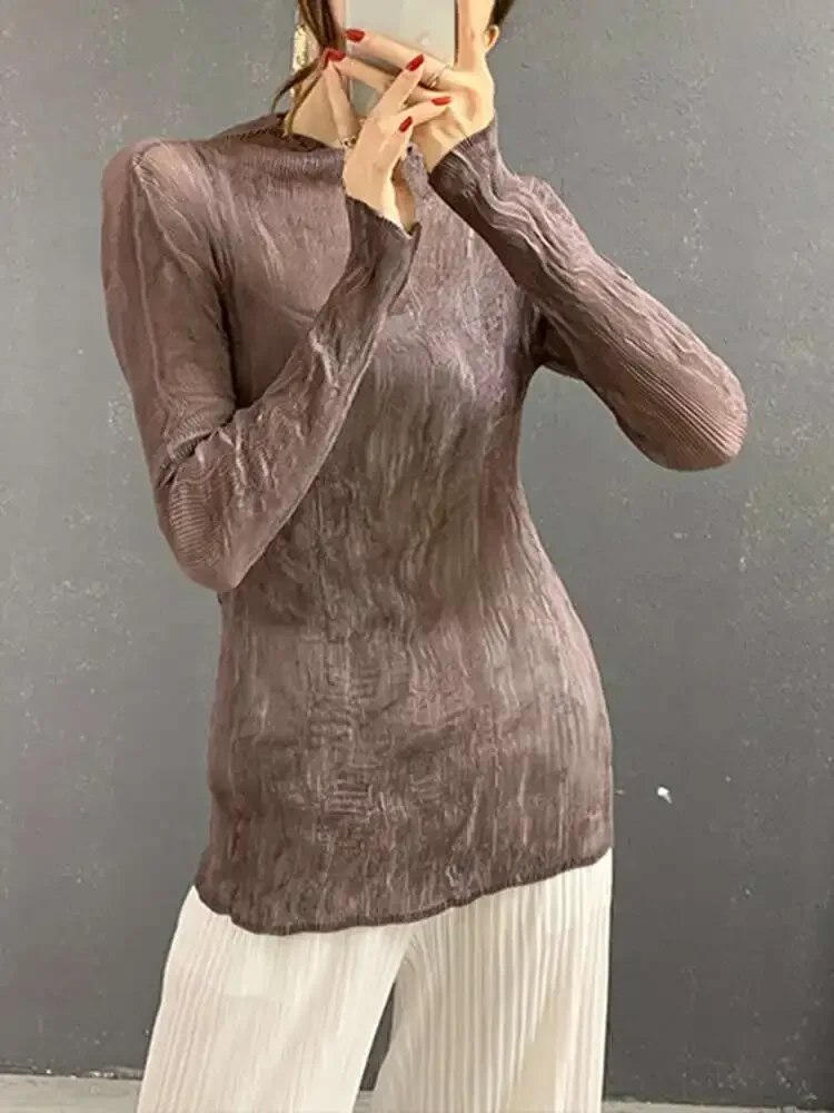 

Miyake Summer 2025 Tops Pleated Standing Collar T Shirt Women Full Sleeve Slim Solid Colour Versatile Fashion Casual Pullover