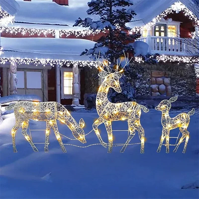 3pcs Iron Art Elk Deer Christmas Garden Decoration With LED Light Glowing Glitter Reindeer Xmas Home Outdoor Yard Ornament Decor