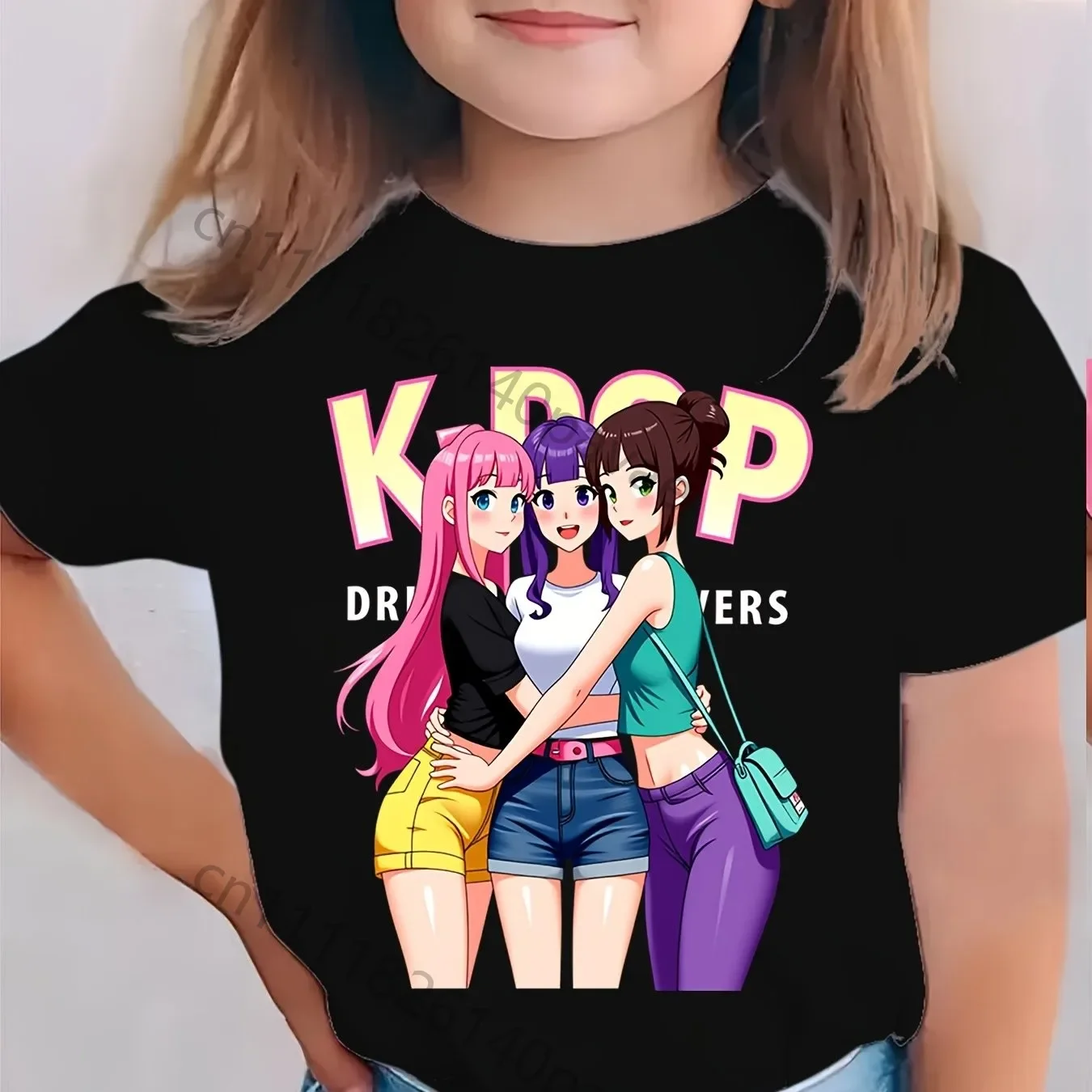 Kids Girls K-POP Idol T-Shirt 3 Anime Girls Print Soft Cotton Short Sleeve