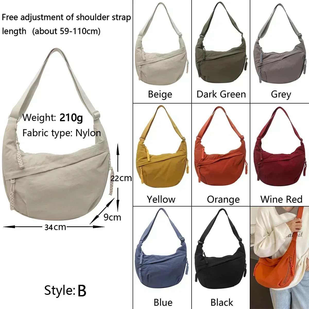 Borsa a tracolla a mezzaluna Hobos Borse a tracolla casual di grande capacità Marsupi per donna uomo con chiusura a cerniera all\'ingrosso