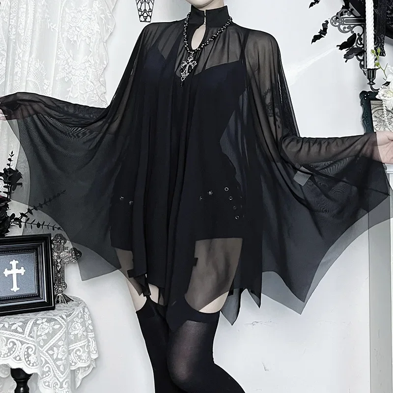 

Y2K Bodysuit 2 Piece Set Women's Black Spaghetti-Strap Bodysuit + Tulle Gothic 2000s Vintage Cape Shawl Aesthetic Halloween Set