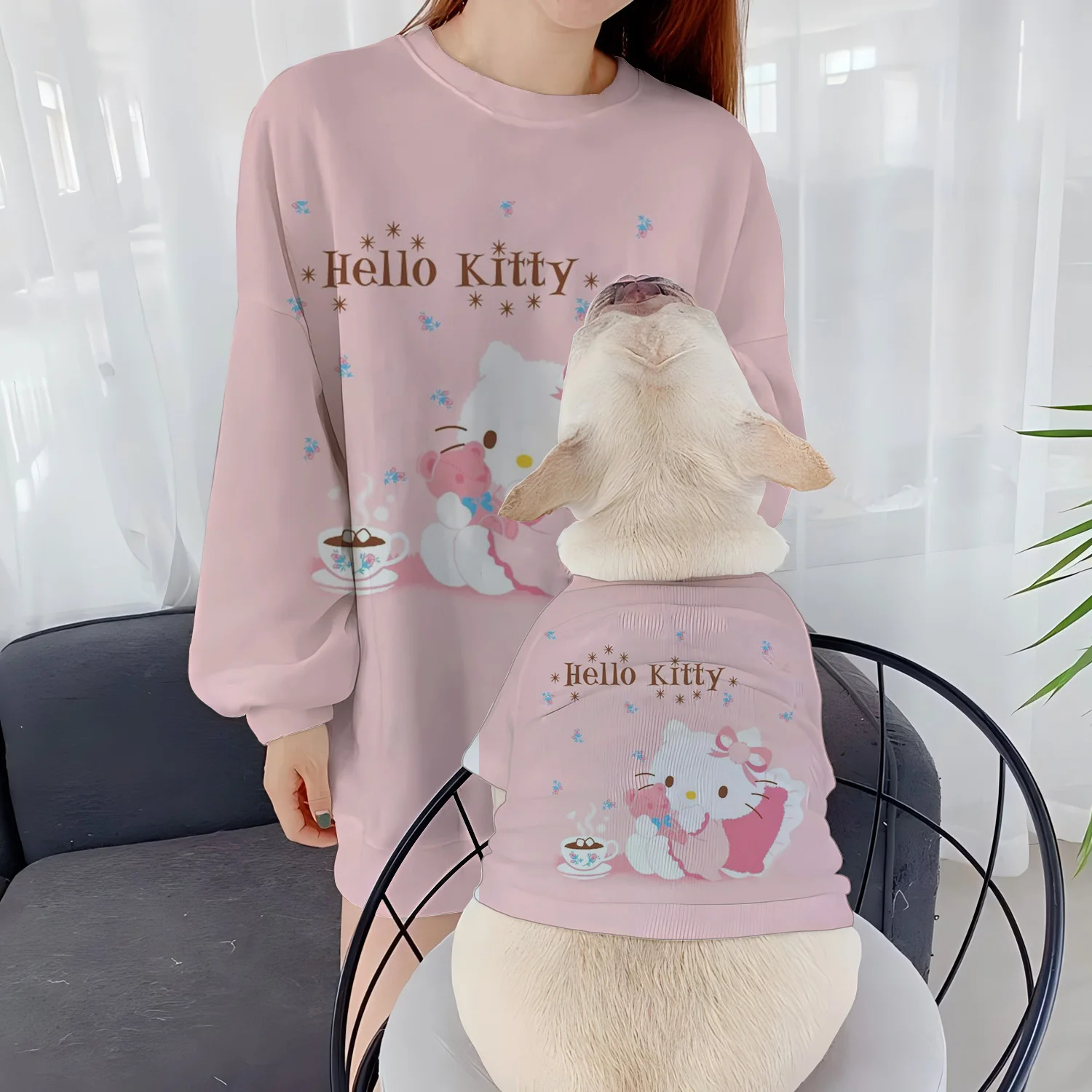 Round Neck Sweatshirts Autumn Winter Puppy Casual Women's Clothing Parent-Child Clothes Pet Dog Hello Kitty Long Sleeve Pullover