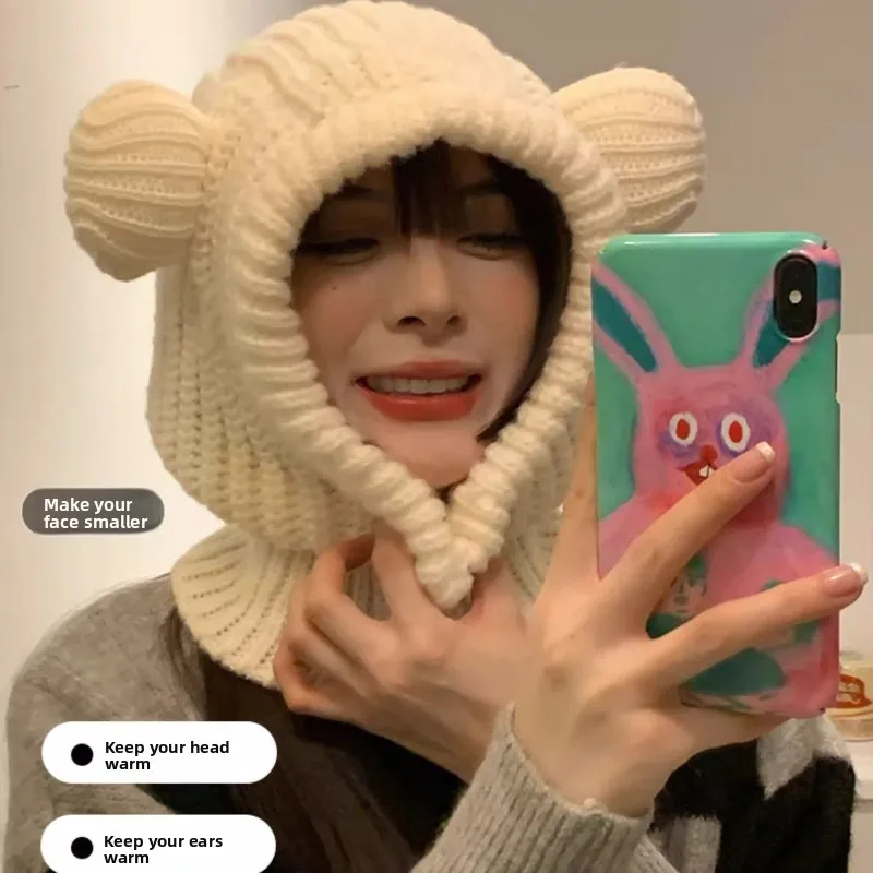 1 قطعة Y2K شتاء دافئ متماسكة بالاكلافا قبعة المرأة لطيف الدب قبعة دافئة مقنعين وشاح قبعة صغيرة قبعة الجمجمة طوق غطاء الرقبة البلوز #1