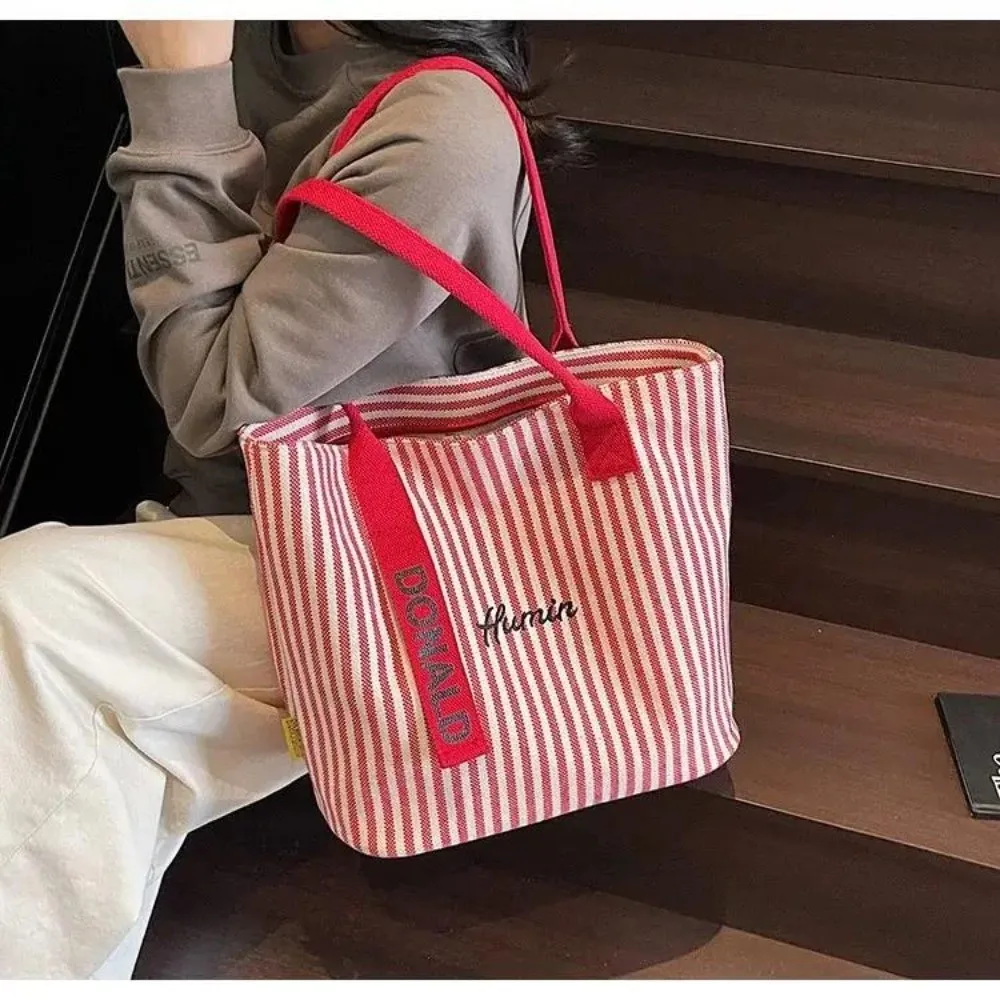 Fashion Striped Tote Bag Large Capacity Multifunctional Shoulder Bag Canvas Commuting Bag Women